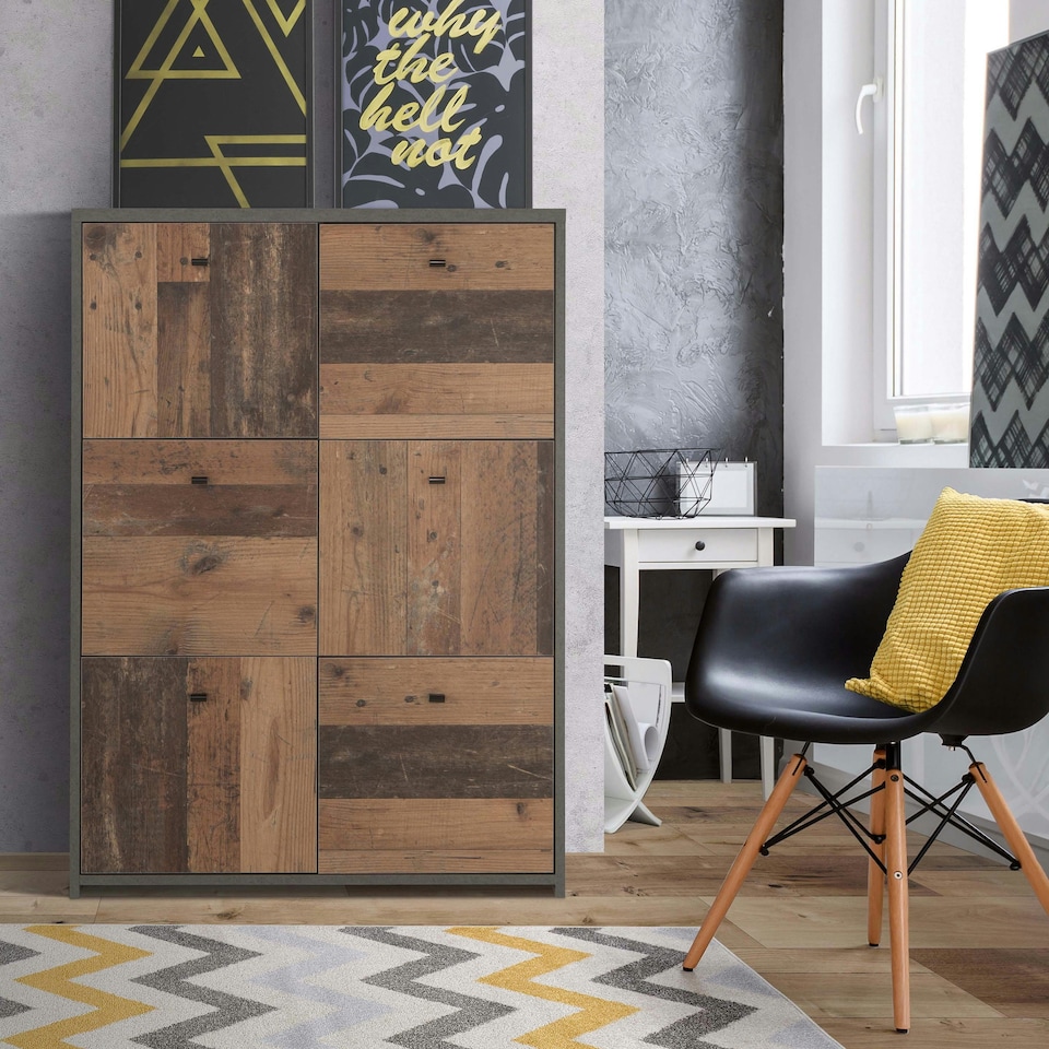 image 1 of Best Chest Storage Cabinet with 6 Doors in Concrete Optic Dark Grey/Old - Wood Vintage
