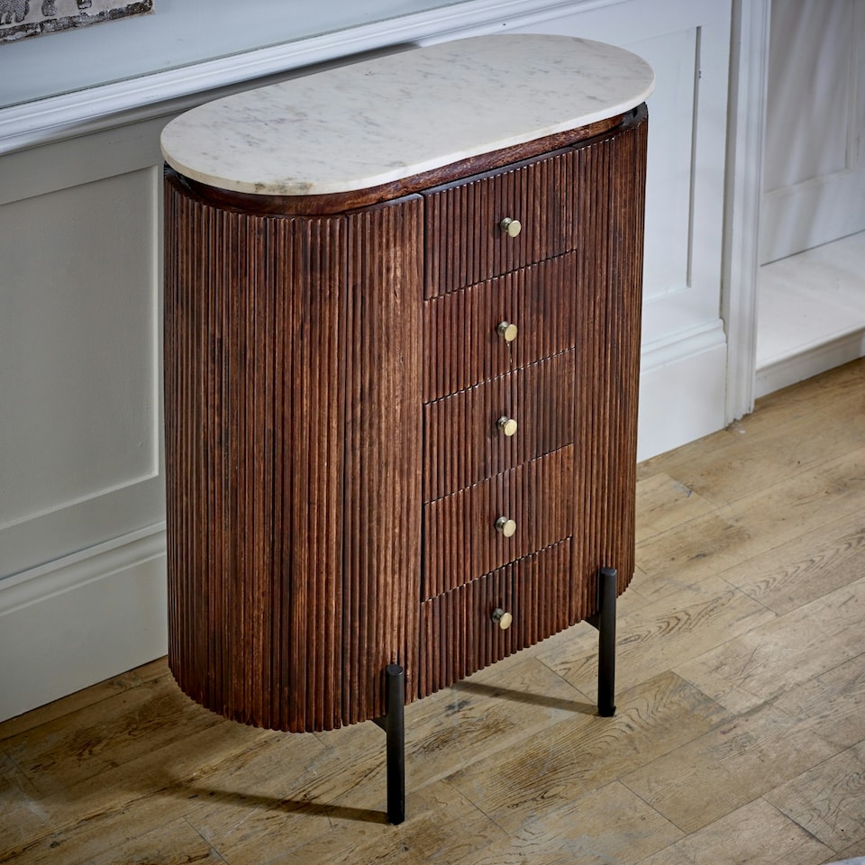 image 1 of Ruby Mango Wood Wide Chest of Drawers With Marble Top & Metal Legs