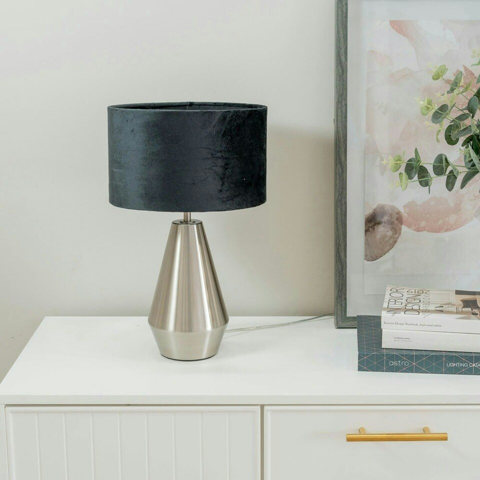 image 1 of ValueLights Jax Silver Metal Touch Dimmer Table Lamp with Black Velvet Shade