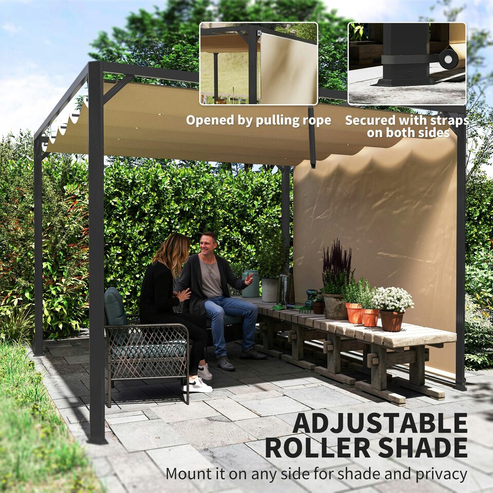 image 1 of Outsunny 3 x 3(m) Pergola with Retractable Roof & Roller Shade, Khaki