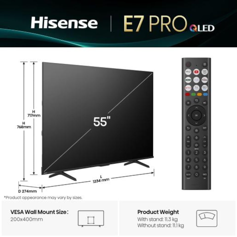 image 1 of Hisense 55E7QTUK-PRO 55inch 4K UHD QLED SMART TV WiFi Dolby Atmos