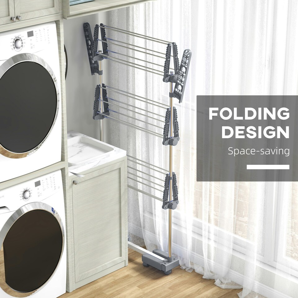 image 1 of HOMCOM 3-Tier Large Clothes Airer Stainless Steel Clothes Drying Rack Grey