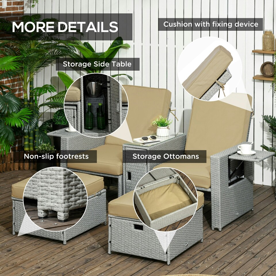 image 1 of Outsunny Recliner Rattan Sun Lounger w/ Storage Tea Table & Footstools, Beige