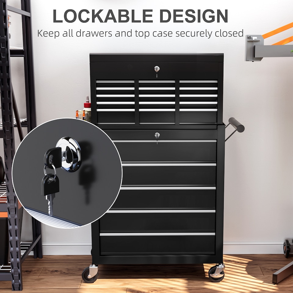 image 1 of HOMCOM Rolling Tool Chest Lockable Roller Cabinet with with 14 Drawers Black | Black