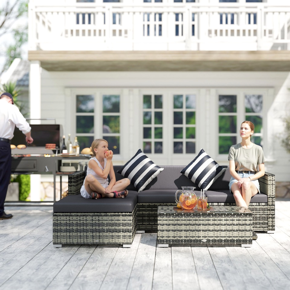 image 1 of Outsunny 5 Piece Rattan Garden Furniture Set, Outdoor Corner Sofa with 67 cm Wide & Deep Seat, Sectional Outdoor Furniture Conversation Set with Cushions, Glass Top Coffee Table for Patio, Mixed Grey