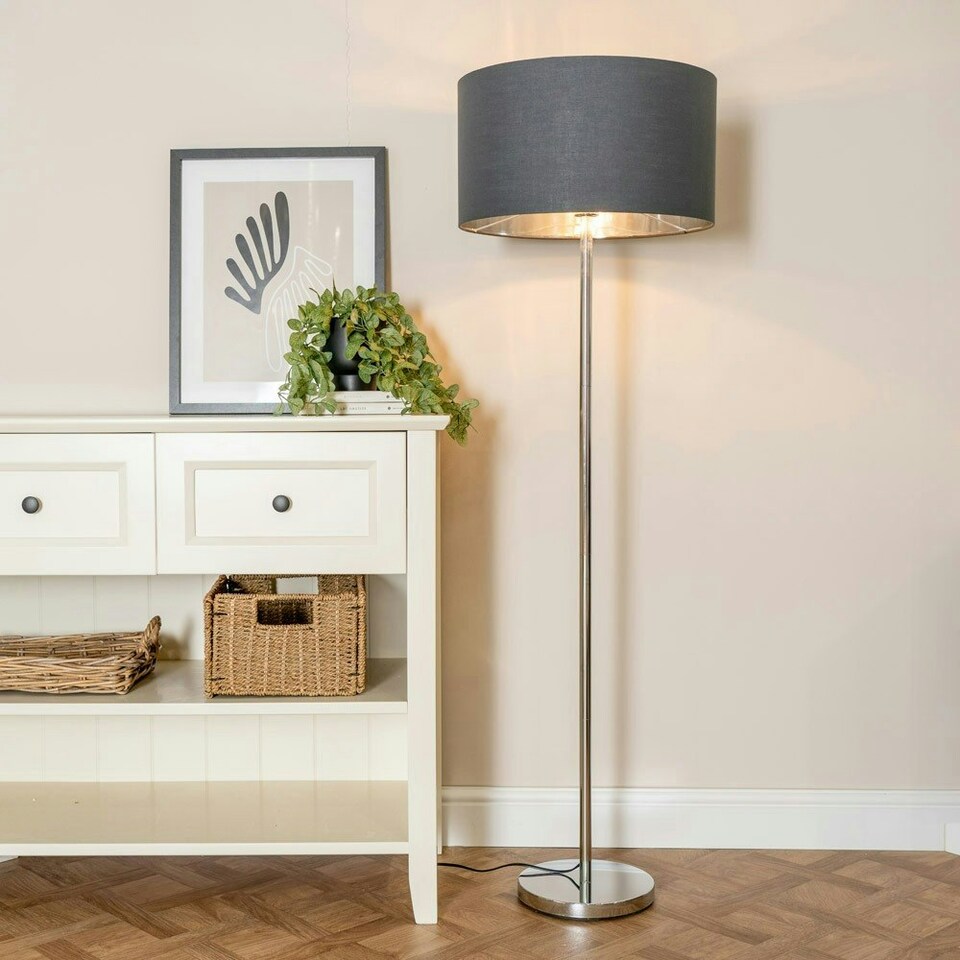 image 1 of ValueLights Charlie Brushed Chrome Floor Lamp White Taper Shade & Bulb