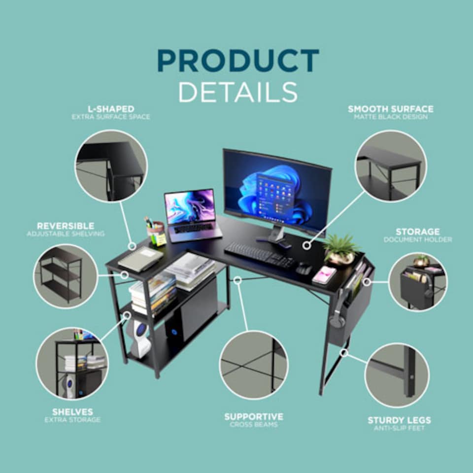 image 1 of DMD Reversible L-Shaped Computer Desk with Storage Shelves | Black