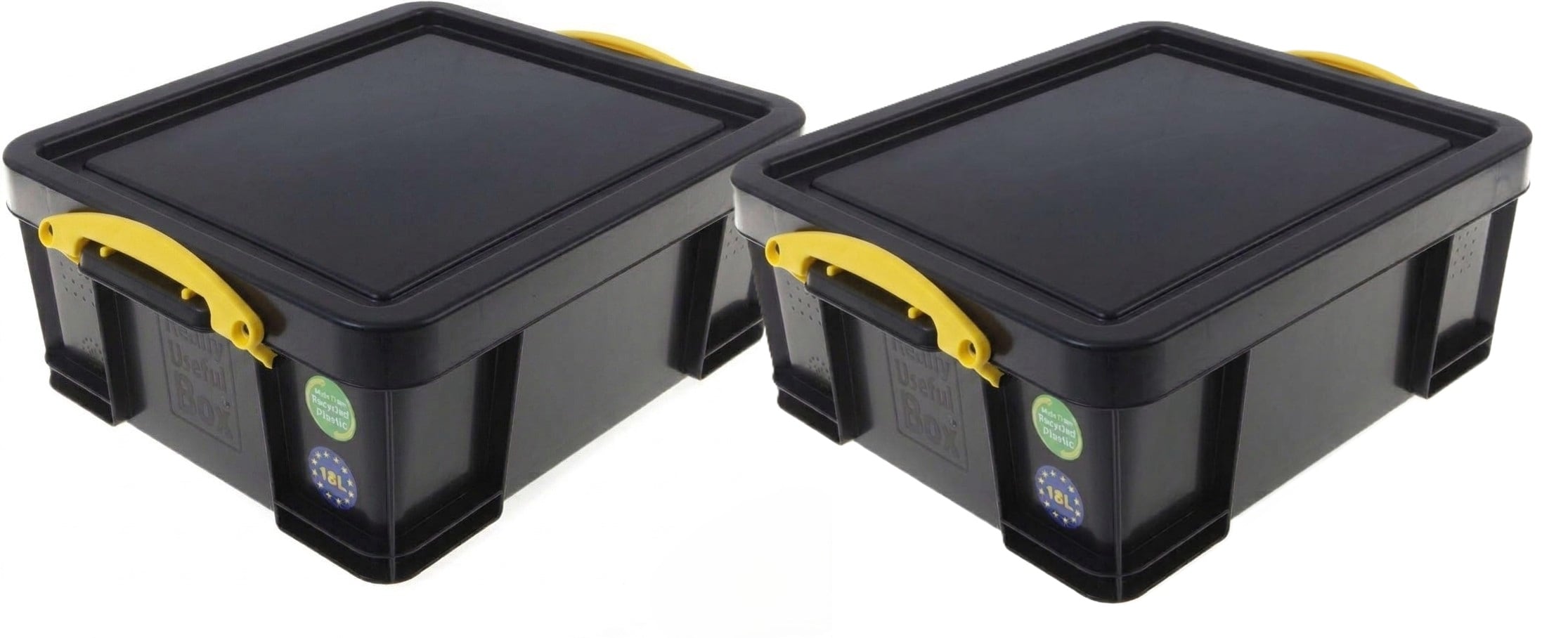 Really Useful Plastic Storage Box 18 Litre Black Yellow Handles Pack of 2