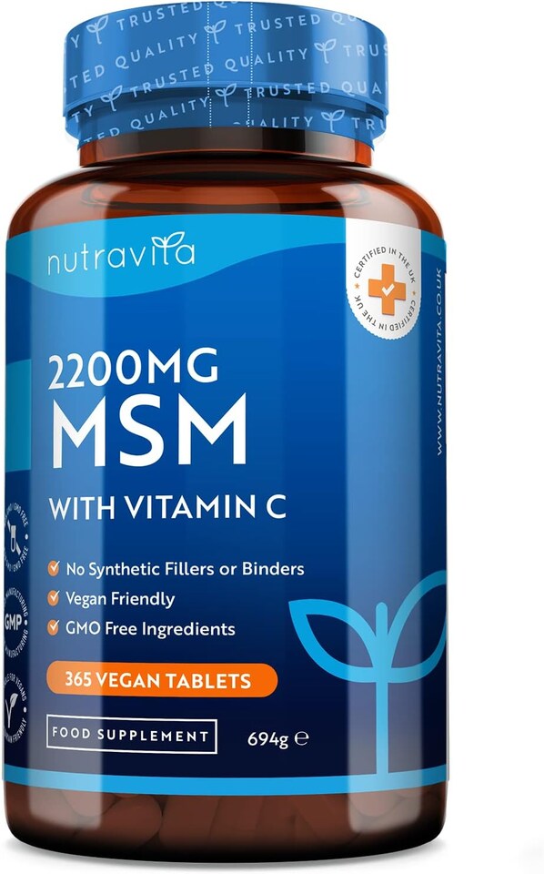 image 1 of Nutravita MSM 2200mg - Methylsulfonylmethane with 80mg Vitamin C Contributes to Normal Collagen Formation - Made in The UK - 365 Vegan Tablets