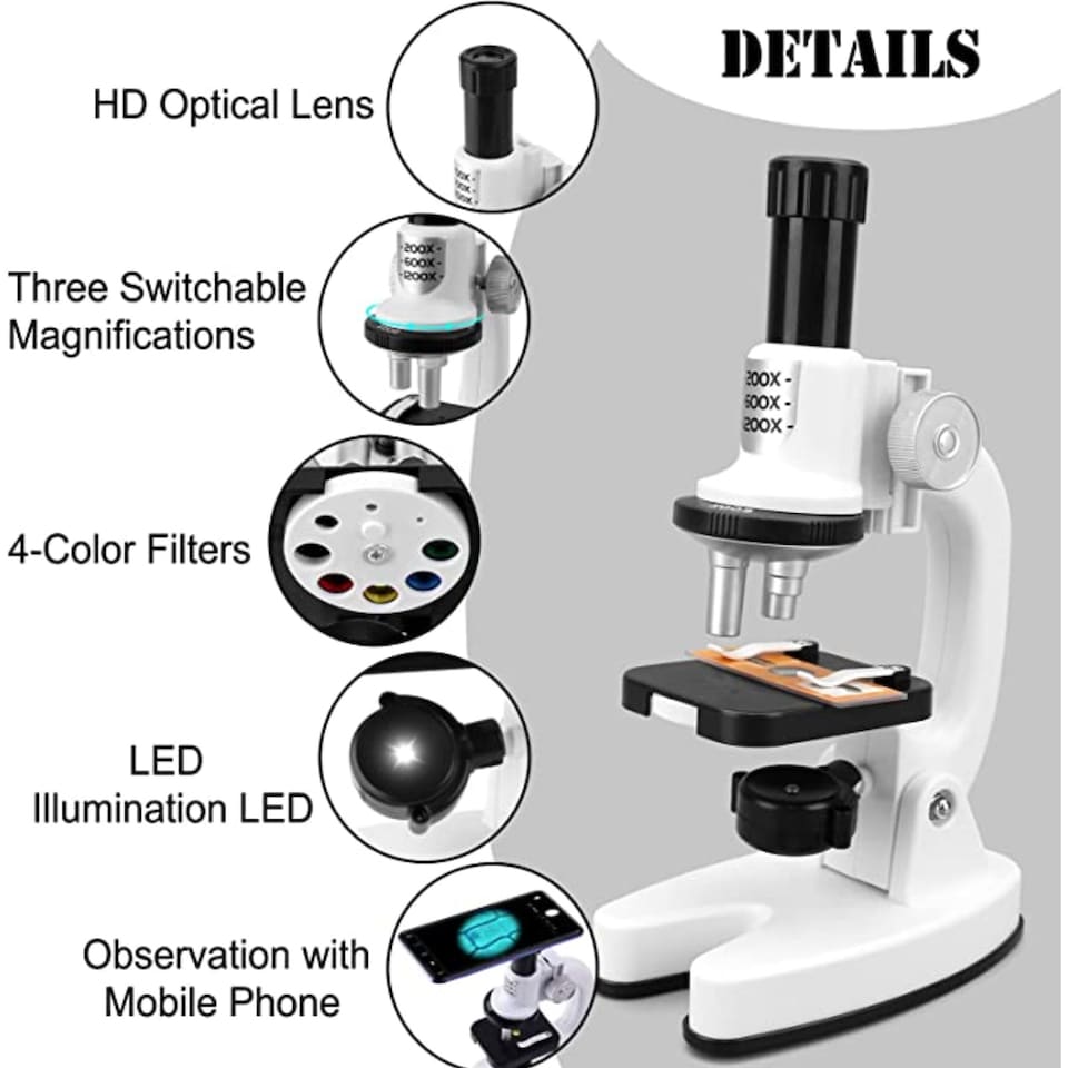 image 1 of Kids Microscope Kit - Portable Science Set with LED Light, Smartphone Holder & 15 Accessories Educational STEM Toy
