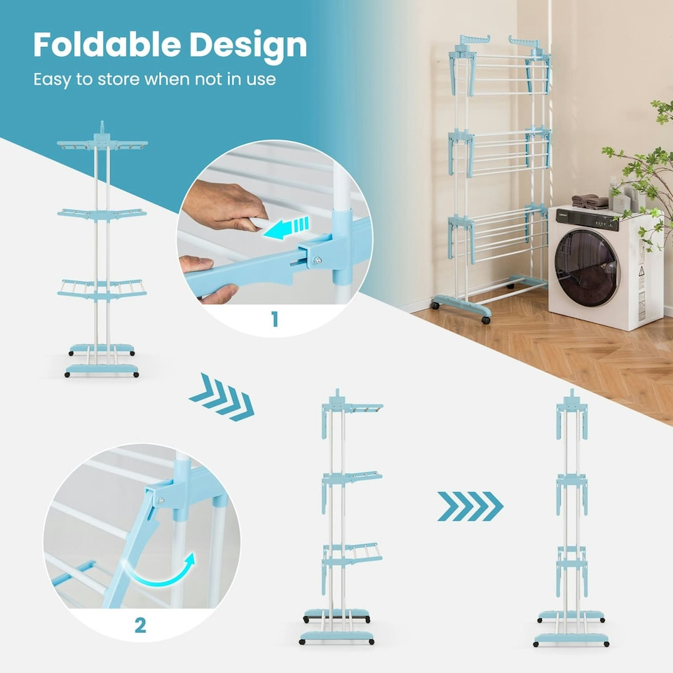 image 1 of COSTWAY 4-Tier Collapsible Laundry Rack Foldable Drying Rack Blue