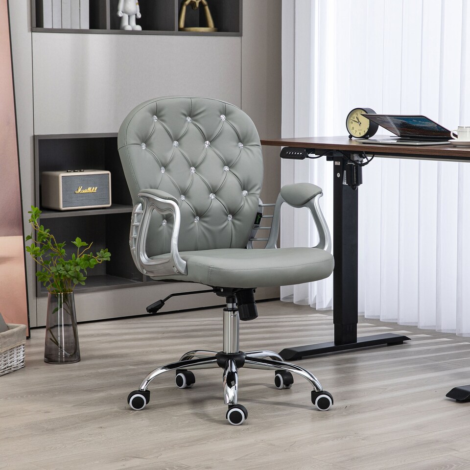 image 1 of Vinsetto Office Chair, Swivel Desk Chair, PU Vanity Chair with Adjustable Height and Rolling Wheels for Home Work Study, Grey