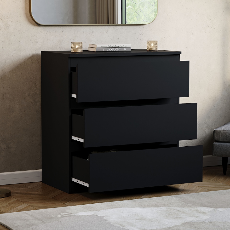 image 1 of Vida Designs Denver 3 Drawer Chest of Drawers Bedroom Storage, Black