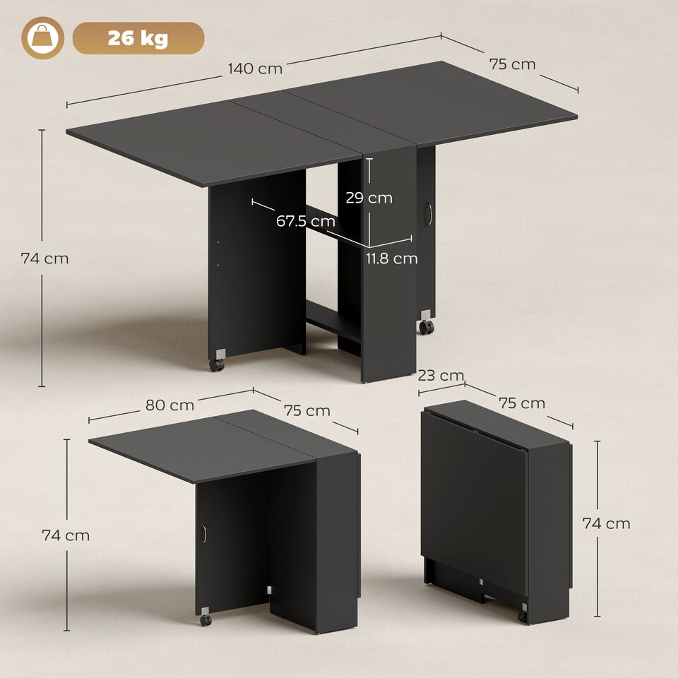 image 1 of HOMCOM 80-140 cm Folding Dining Table for 4-6 Drop Leaf Table Black