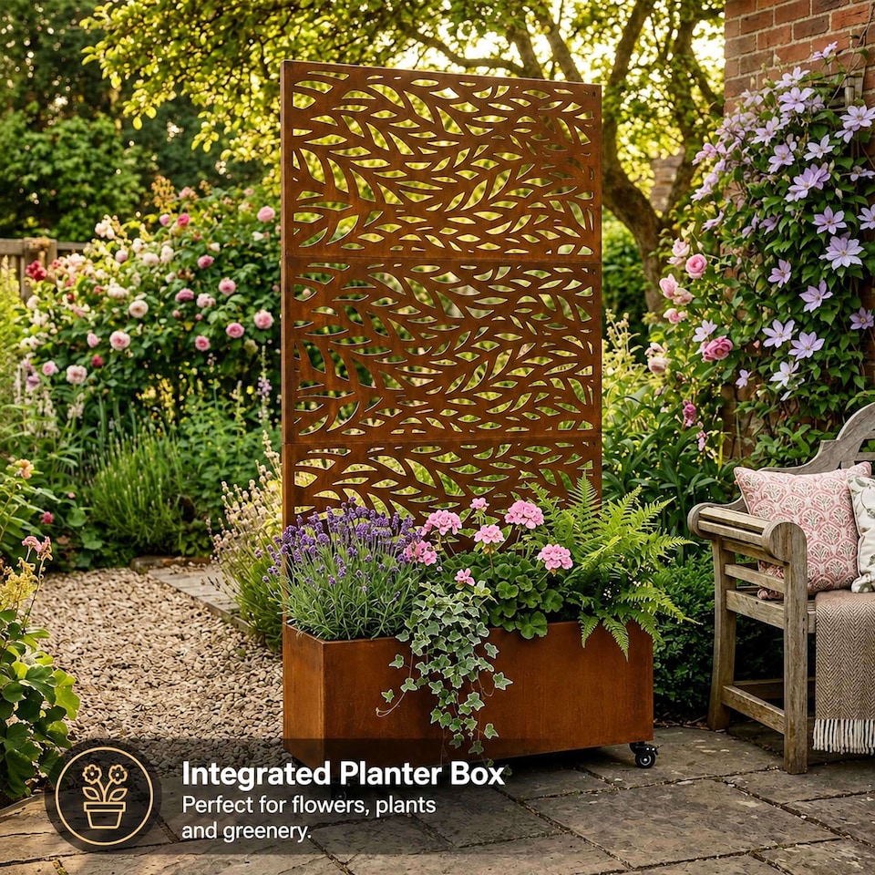 image 1 of Nicoman Metal Privacy Screen with Planter Pot Leaf Pattern
