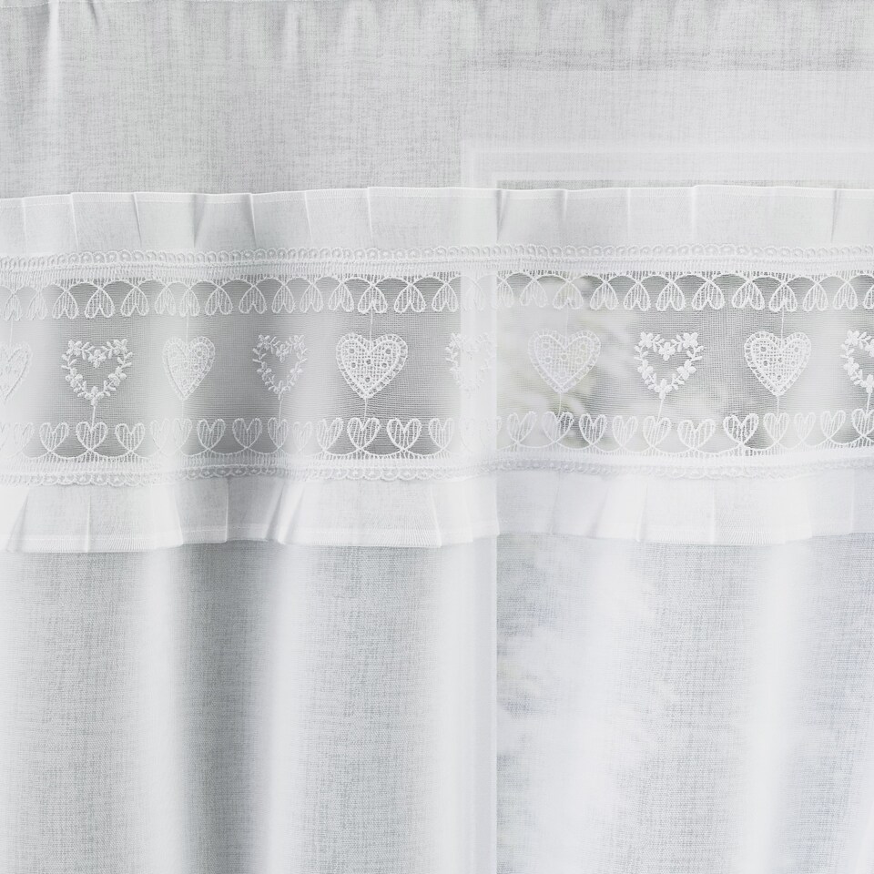 image 1 of Tyrone Textiles Lucy Embroidered Heart Kitchen Window Set Curtain Pair with Frill Edging and Matching Tie Backs (White,42"(106cm))