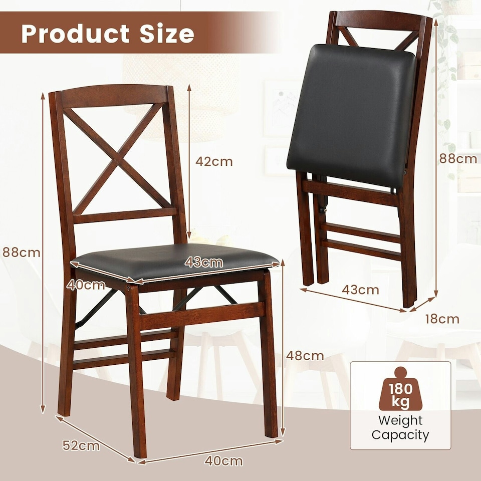 image 1 of COSTWAY Set of 2 Folding Chair Padded Kitchen Dining Seat Brown