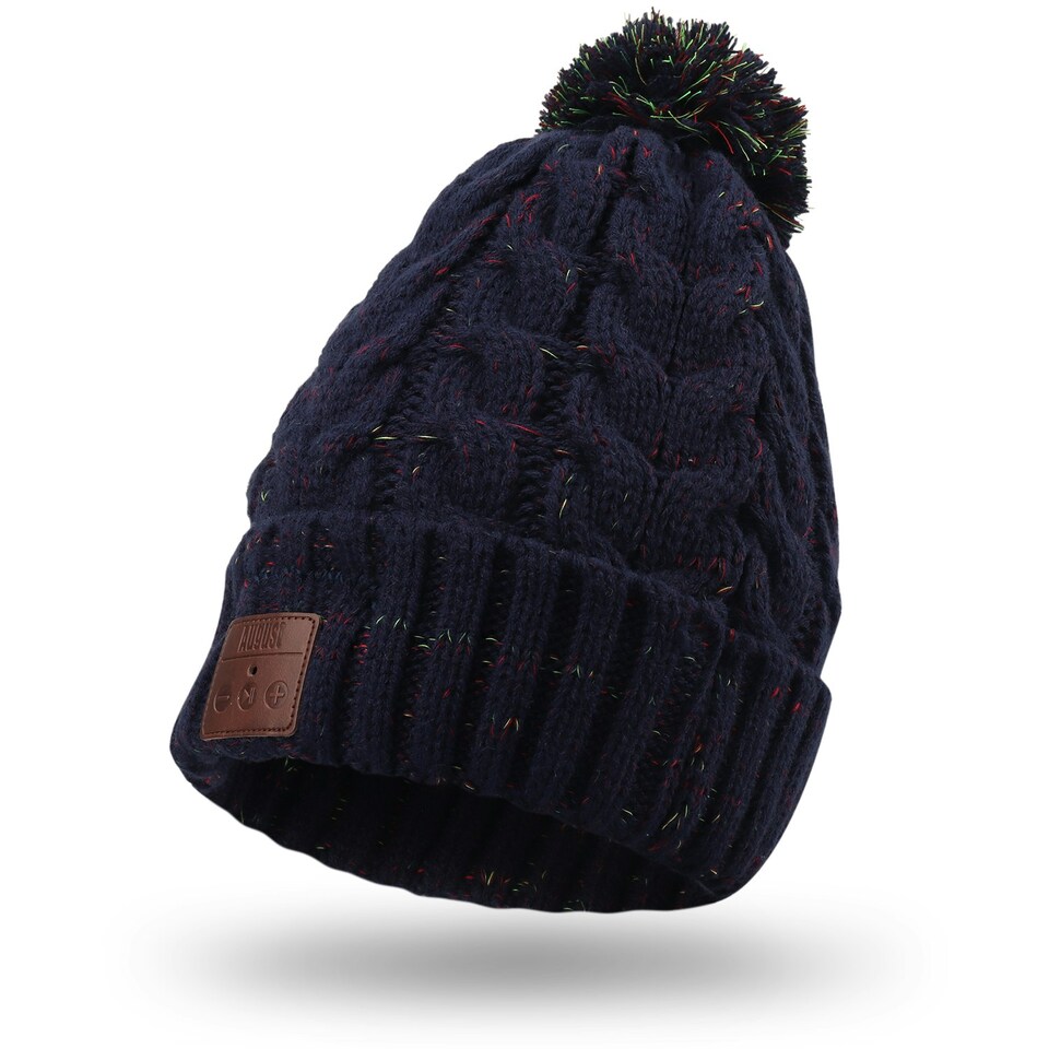 image 1 of Pom Pom Beanie Hat with Bluetooth Speakers Rechargeable with Built-In Microphone for Calls - August EPA30 Blue