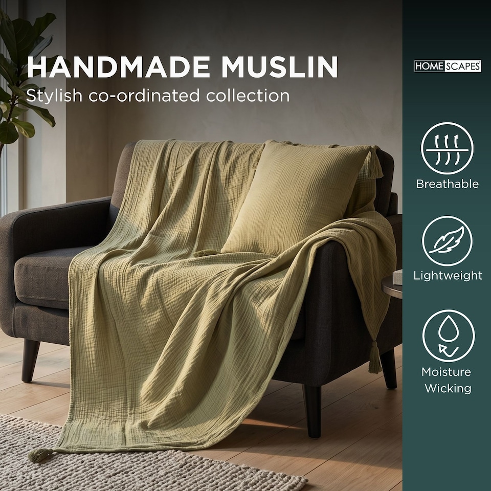 image 1 of Homescapes Pure Handmade Cotton Muslin Bed Throw Blanket - 127 x 180 cm