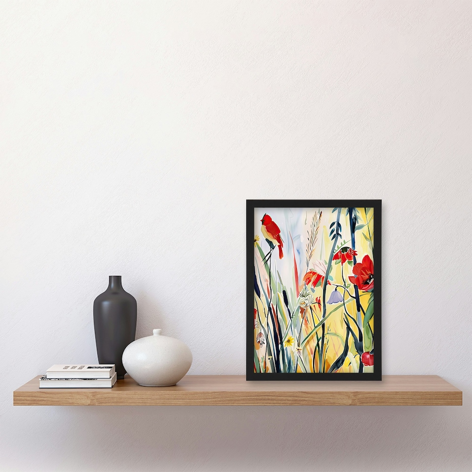 image 1 of Northern Cardinal Bird Watercolour Spring Black Framed Wall Art Print A4