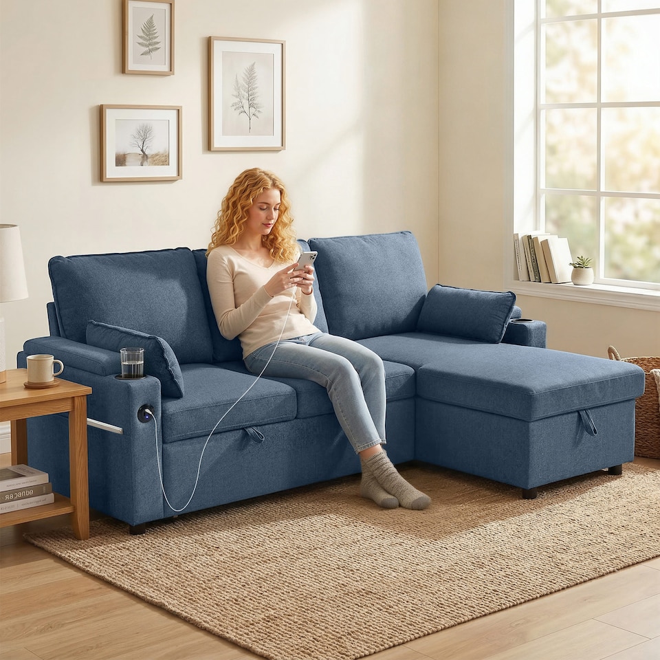 image 1 of HOMCOM Corner Sofa Bed, L Shaped Sofa with Storage Chaise, USB Ports | Blue | Blue | 205W x 136.5D x 85H cm
