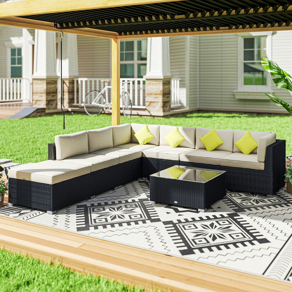 image 1 of Outsunny 8pc Rattan Sofa Garden Furniture Aluminium Outdoor Patio Set Black