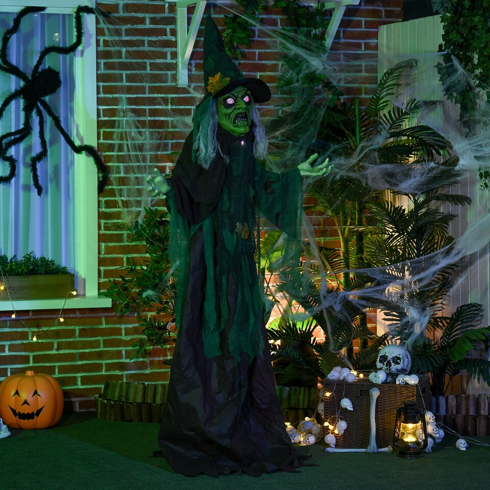 image 1 of HOMCOM 6ft Outdoor Halloween Decoration Witch, Standing Witch Prop Life Size with Sound and Motion Activated, Light Up Eyes Magical Heart, Talking Sound, Posable Arms, Moving Head