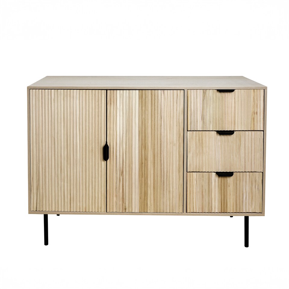 image 1 of OHS Ribbed Sideboard Table Modern Drawer Shelf Cabinet Storage | Brown | Light Wood
