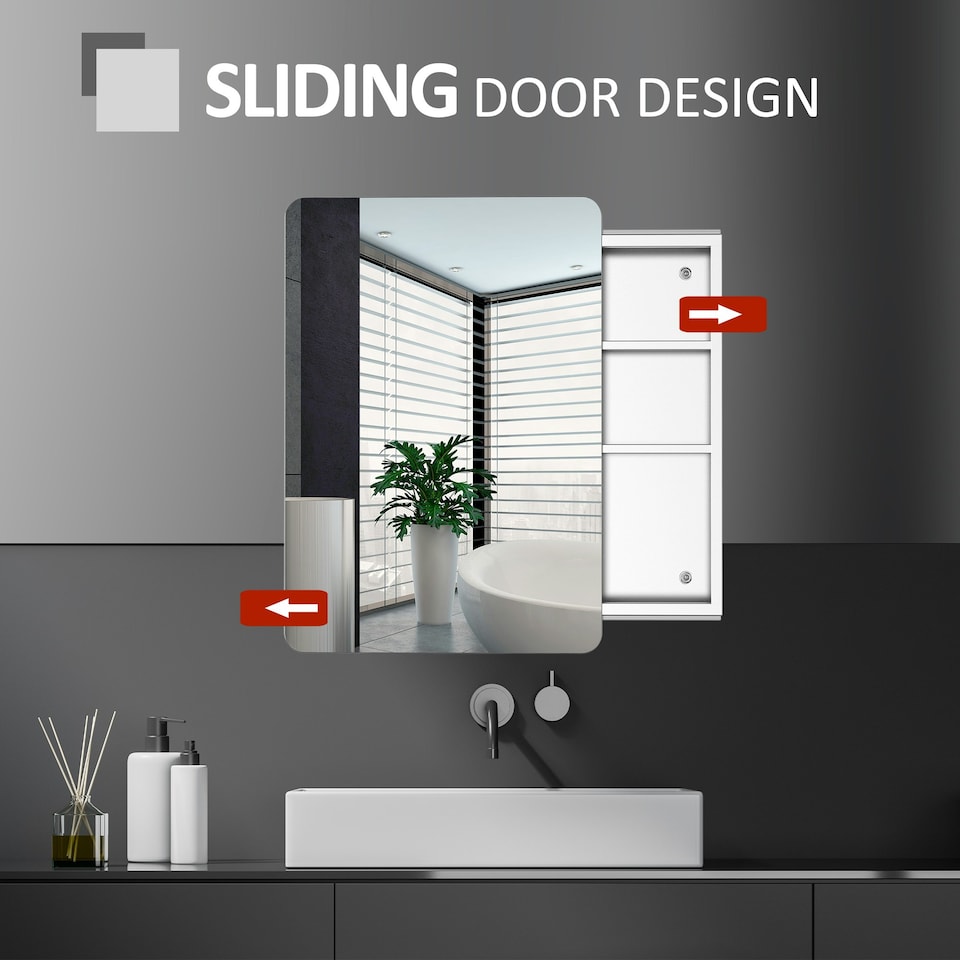 image 1 of kleankin 66x46cm Curved Bathroom Storage Cabinet Sliding Mirror Door 3 Shelves