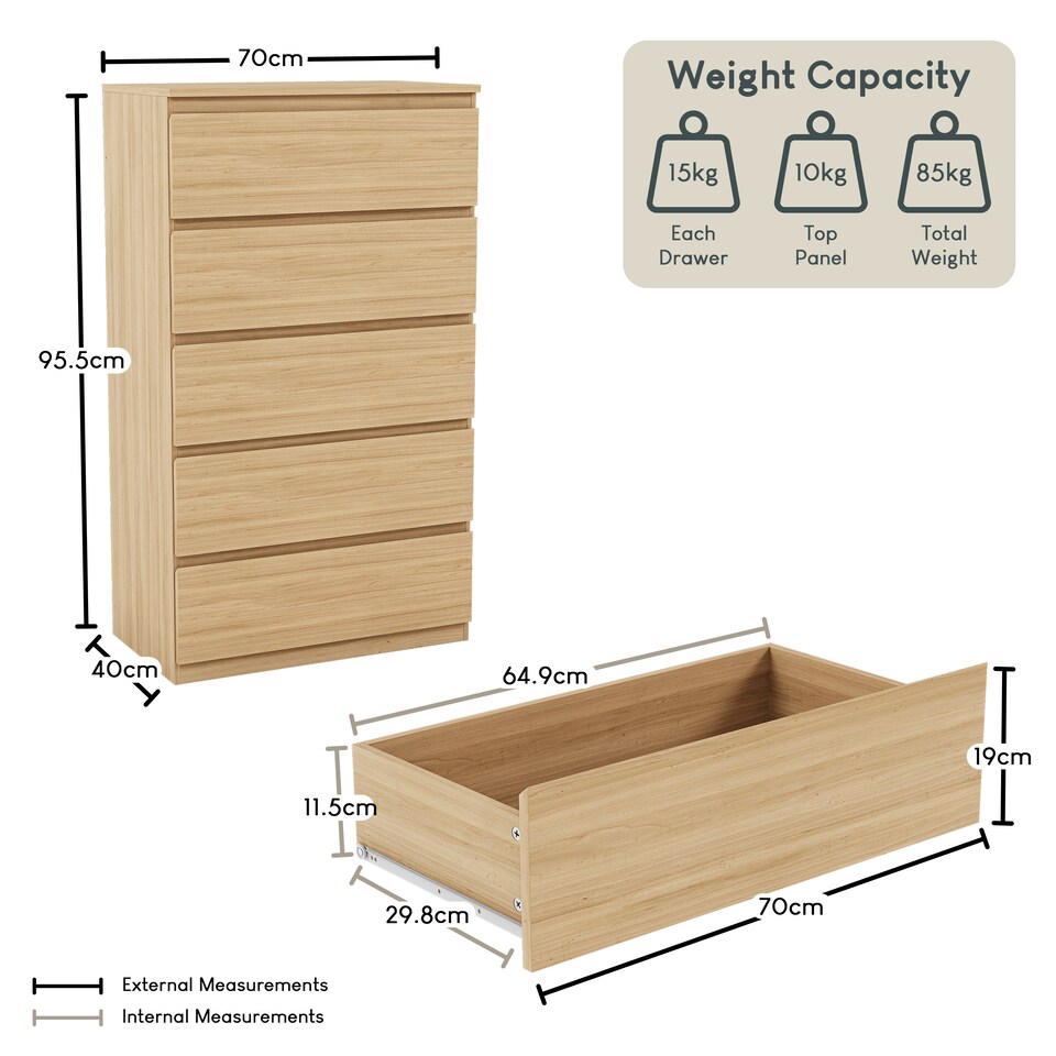 image 1 of Vida Designs Denver 5 Drawer Chest of Drawers Bedroom Storage, Pine