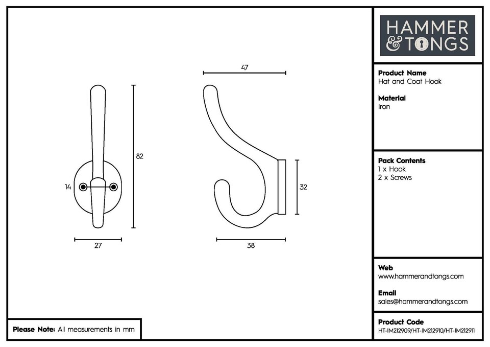 image 1 of Hammer & Tongs Hat & Coat Hook - W25mm x H80mm - Black