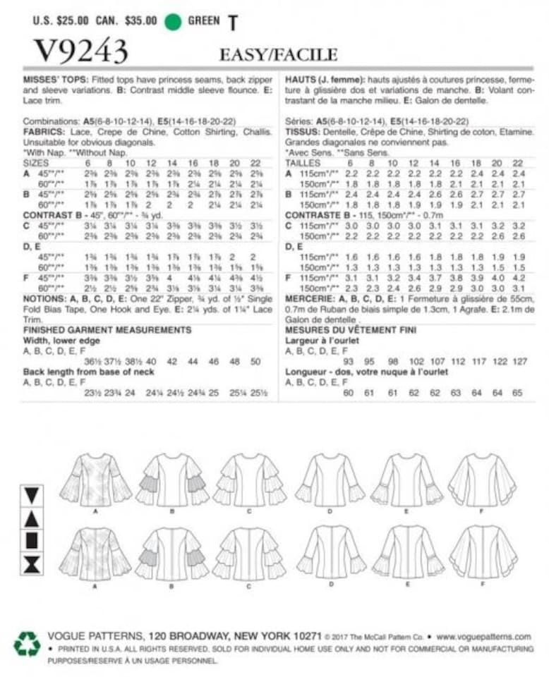 image 1 of Vogue 9243 Paper Sewing Pattern – Women’s Top, Size E5 (14–16–18–20–22), Easy