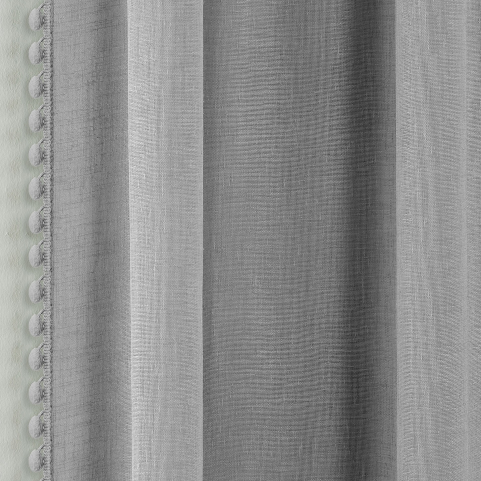image 1 of Pair of Tahiti Grey Pom Pom Trim Voile Panels 137 cm (54 inch) Rod Pocket Linen Look Panels for Bedroom and Living Room