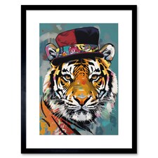Tiger Wearing Soft Felt Top Hat Modern Folk Art 9x7" Black Framed Wall Art Print
