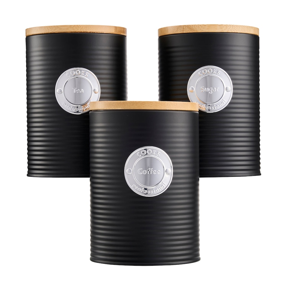 image 1 of Cooks Professional 5 Piece Ribbed Tea Coffee Sugar Bread & Biscuit Cannisters with Labels | Black | Black & Silver