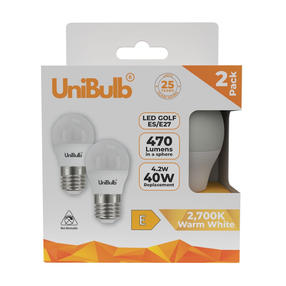 image 1 of UniBulb LED Golf Ball E27 470lm 4.2W 2700K (Warm White) Light Bulb - Pack of 2 | White | Warm White | 2