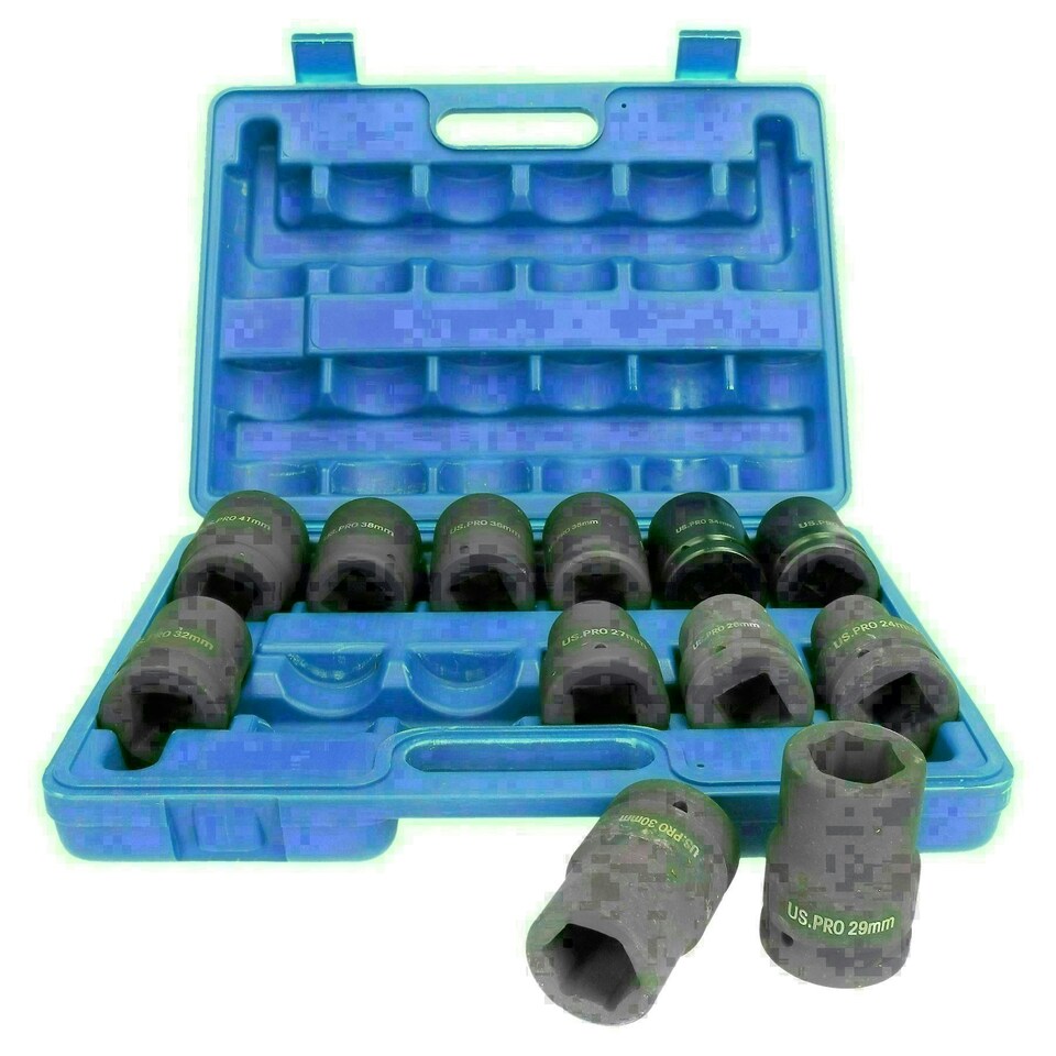 image 1 of 1" Drive Double Deep Metric Sockets Single Hex 6 Sided 24mm - 41mm 12pc