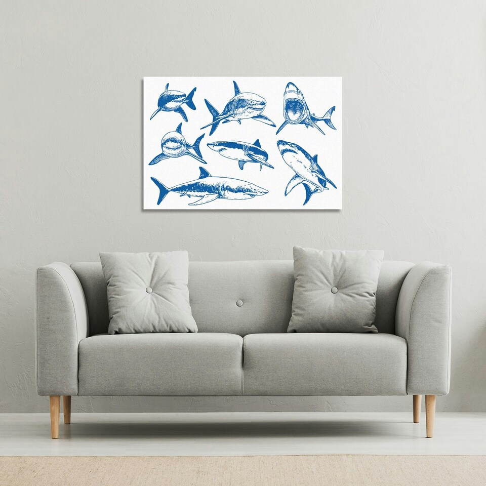 image 1 of Graphical set of blue sharks isolated on white background (Canvas Print) 31 x 41 x 4cm