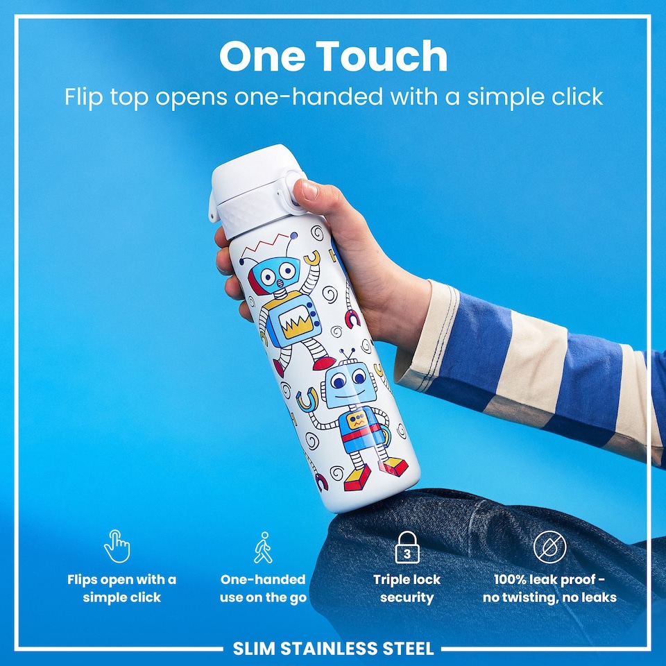 image 1 of Leak Proof Slim Water Bottle, Stainless Steel, 600ml (20oz) | White | Robots | One Size