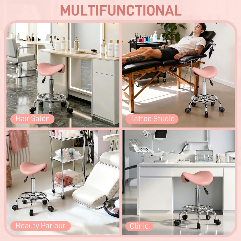 image 1 of HOMCOM Saddle Chair, Rolling Salon Stool for Massage Spa | Pink | Pink | 36.5 x 37.5 x 51-66 cm
