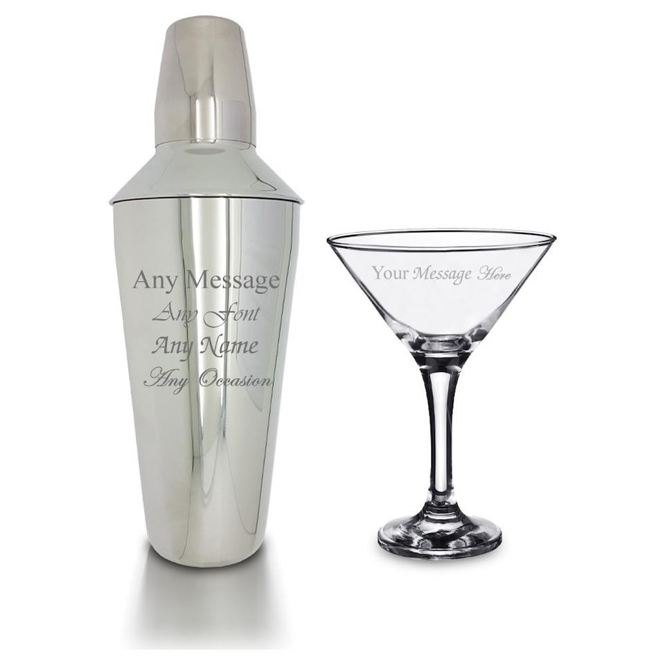 image 1 of Personalised Engraved Cocktail Shaker with Strainer and Martini Glass