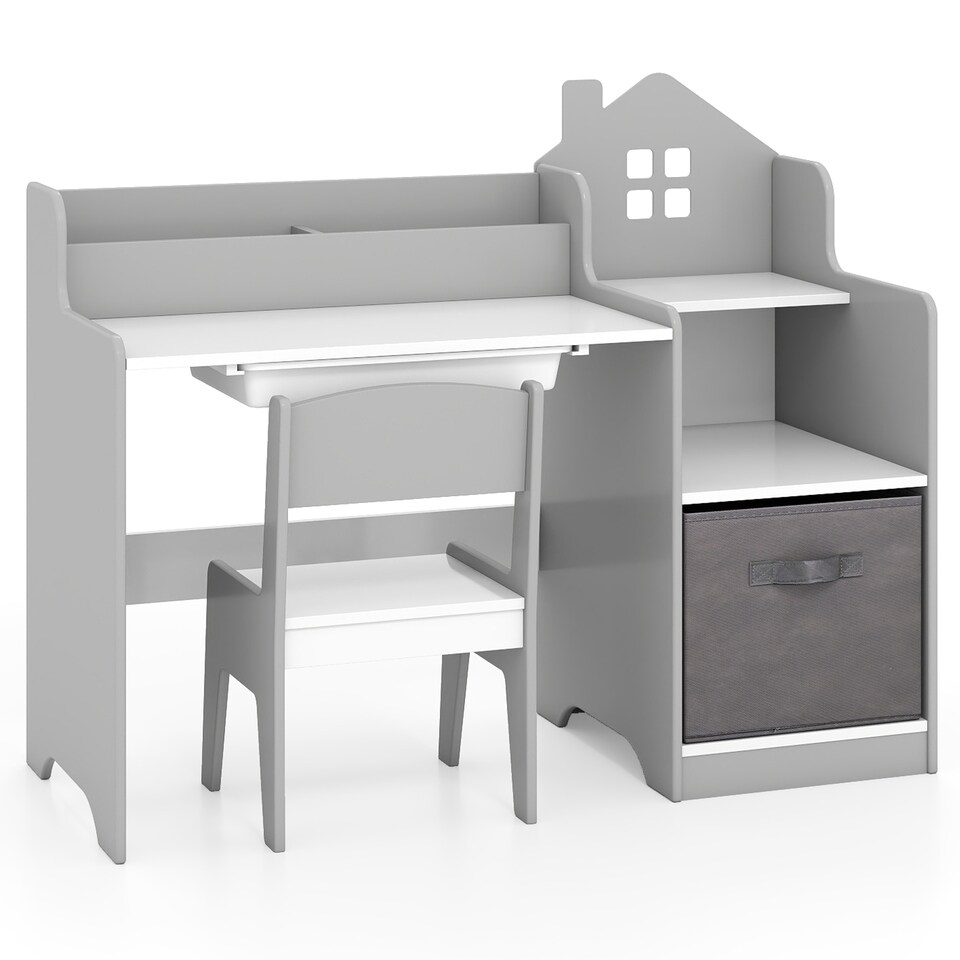 image 1 of COSTWAY Kids Study Desk and Chair Set Children Table Grey