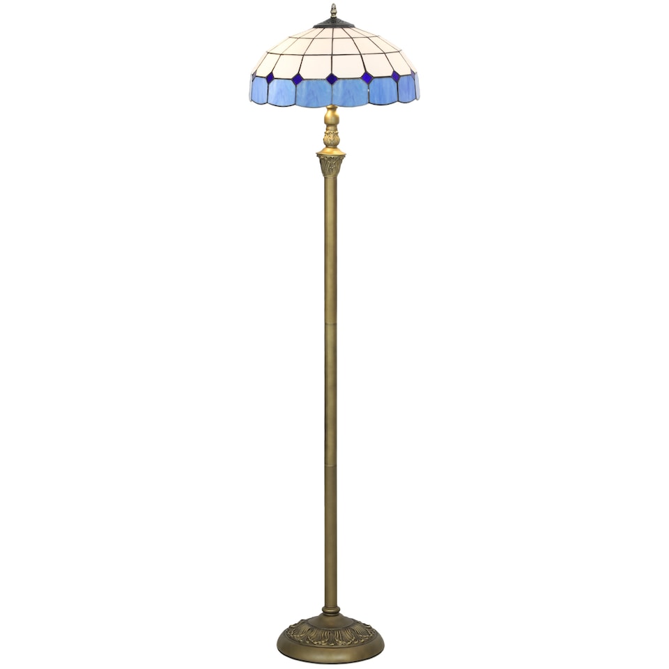 image 1 of HOMCOM Tiffany-Style Floor Lamp with Handcrafted Stained Glass Shade, 152cm Tall Vintage Standing Lamp with Foot Switch and Dual Sockets for Living Room Bedroom, Bronze Tone and Blue | Blue