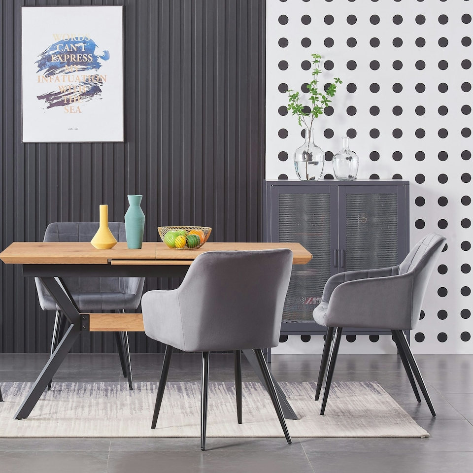 image 1 of Set of 6 Camden Modern Velvet Dining Chairs with Armrests, Quilted Design & Black Metal Legs | Grey | Dark Grey