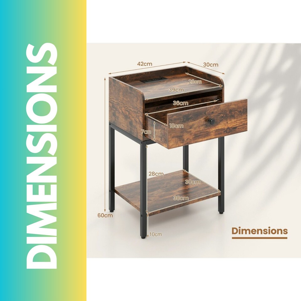 image 1 of Bedside Nightstand Table With Drawer Rustic Brown Brown