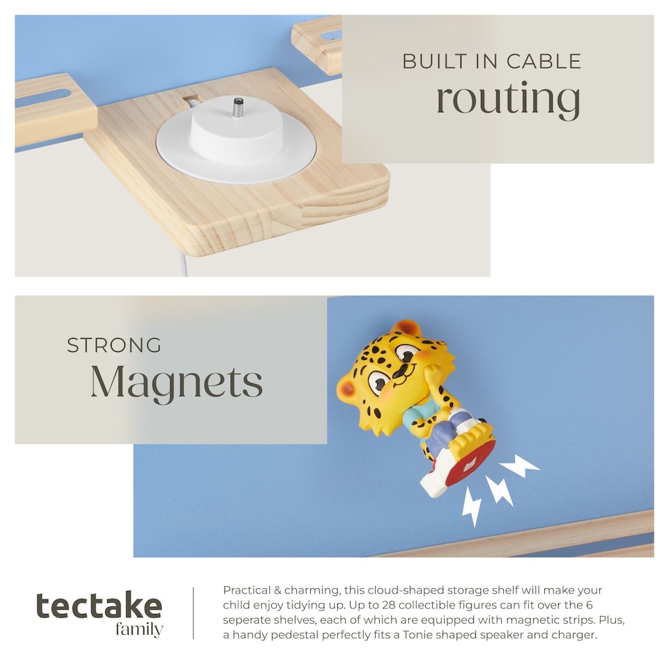image 1 of Wall Shelf Cloud - child-friendly cloud design, fits 28 figurines, magnetic strips, with integrated cable management