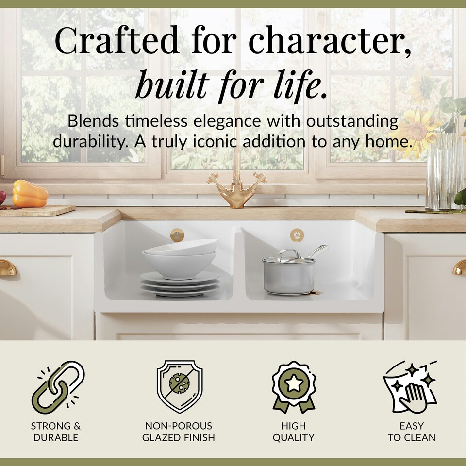 image 1 of Fireclay Kitchen Double Bowl Fluted Front Butler Sink Full Weir 795mm
