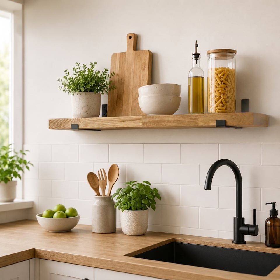 image 1 of MKGT 120cm Solid Oak Floating Shelf with Steel Brackets, Handmade Rustic Wall Shelf, 15cm Deep, 40mm Thick, Kitchen, Living Room