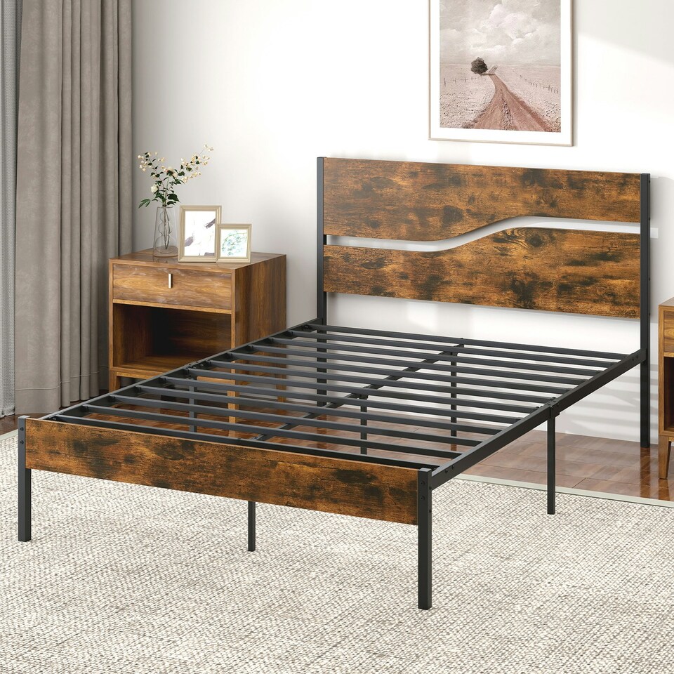 image 1 of COSTWAY Double Metal Bed Frame w/ Wooden Headboard