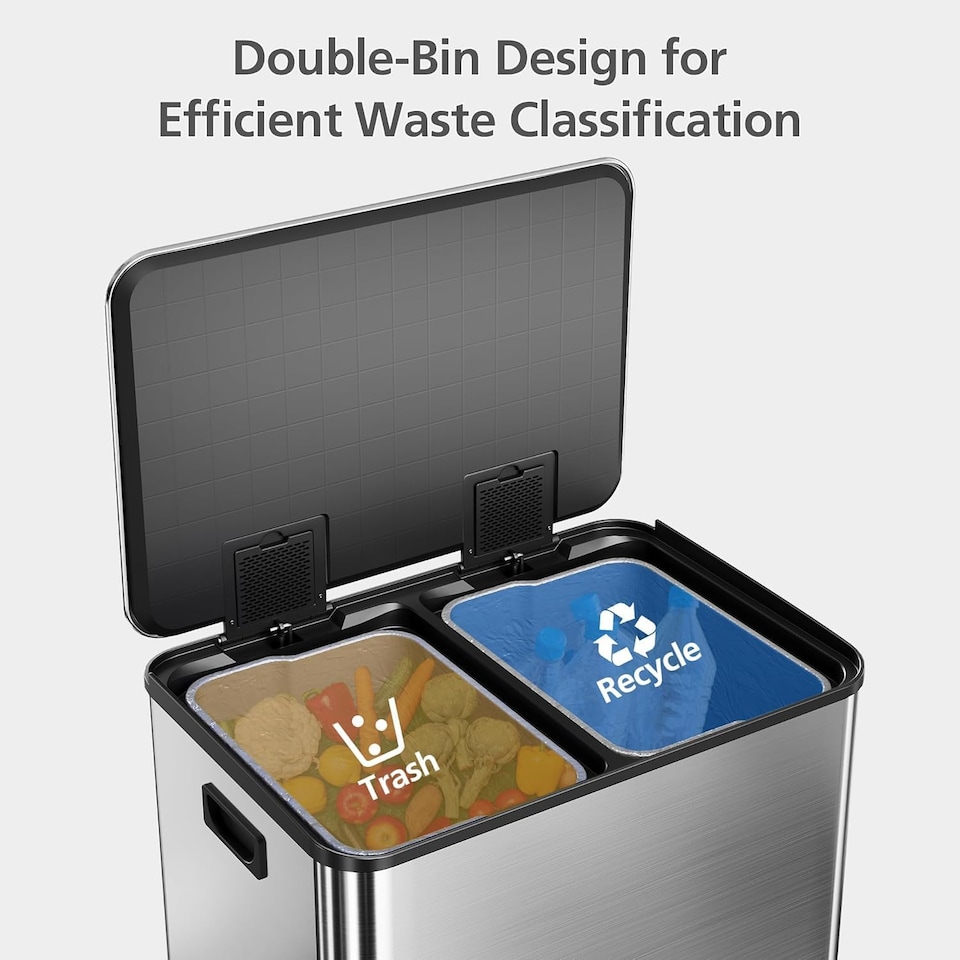 image 1 of London Boutique 60L (2x30L) Stainless Steel Step Bin with Soft-Close Lid & 2-colour Removable Inner Buckets - Silver